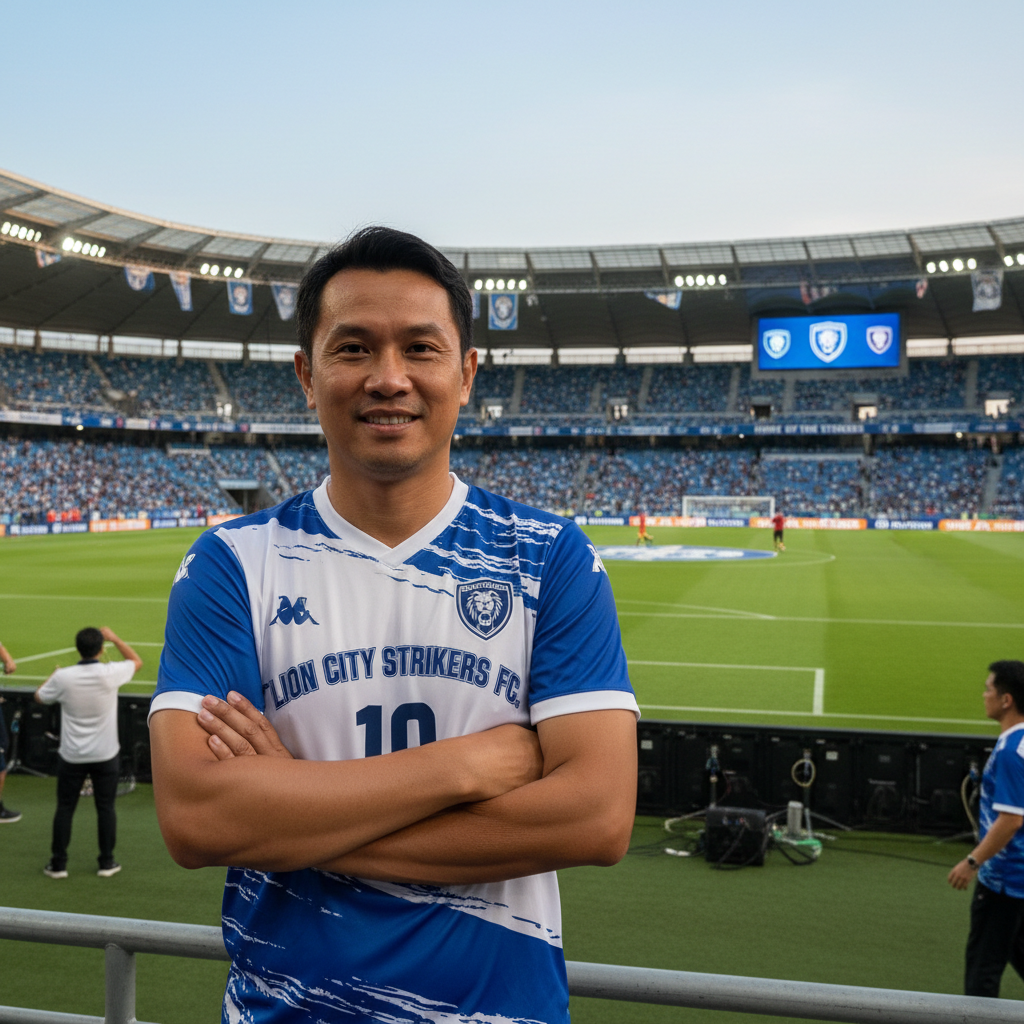 A football club manager wearing a football jersey