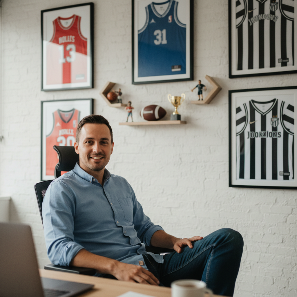 A jersey e commerce manager sitting in his office