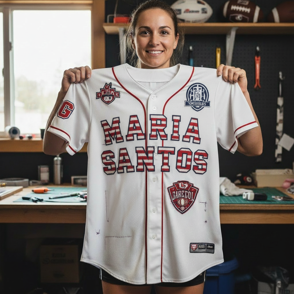 A woman showing her diy baseball jersey