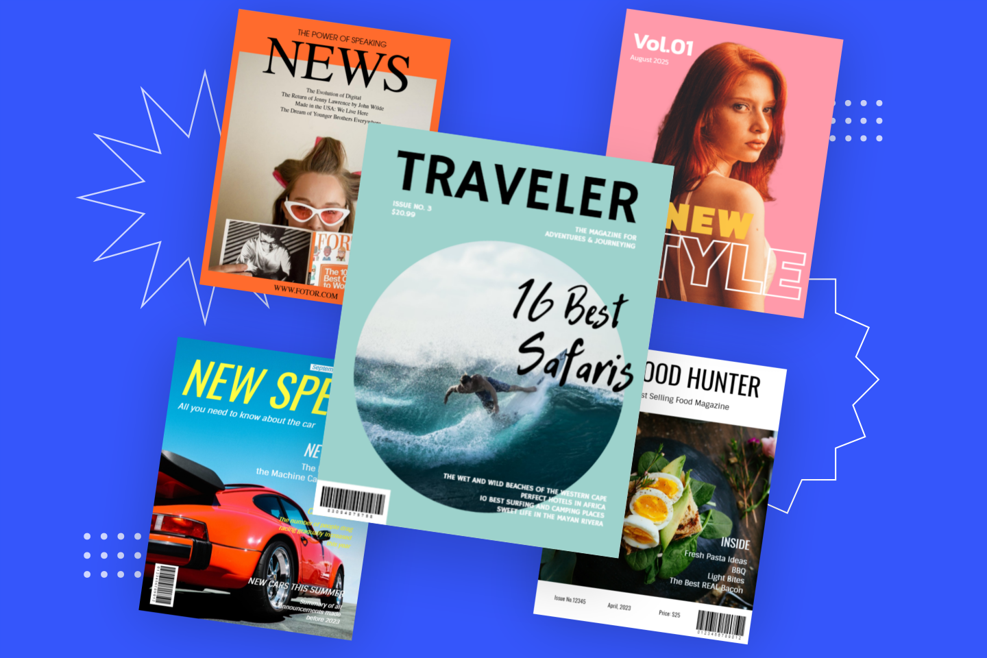 five media covers with a girl looking back and a boy surfing on the sea a red car and a plate of food on it