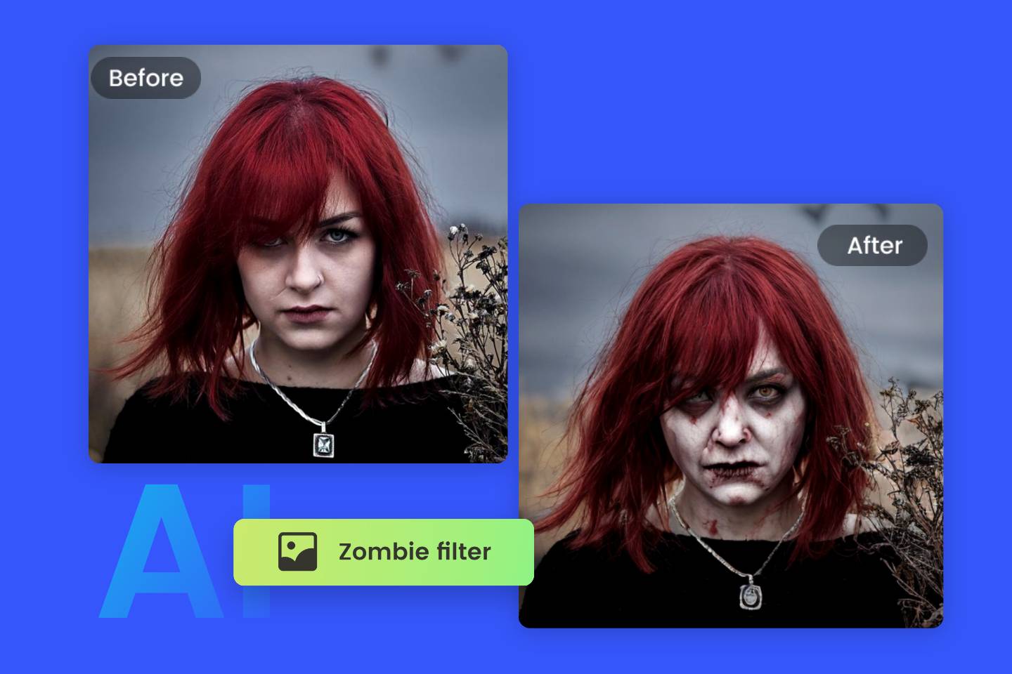 A comparison of a redhead girl using a zombie filter