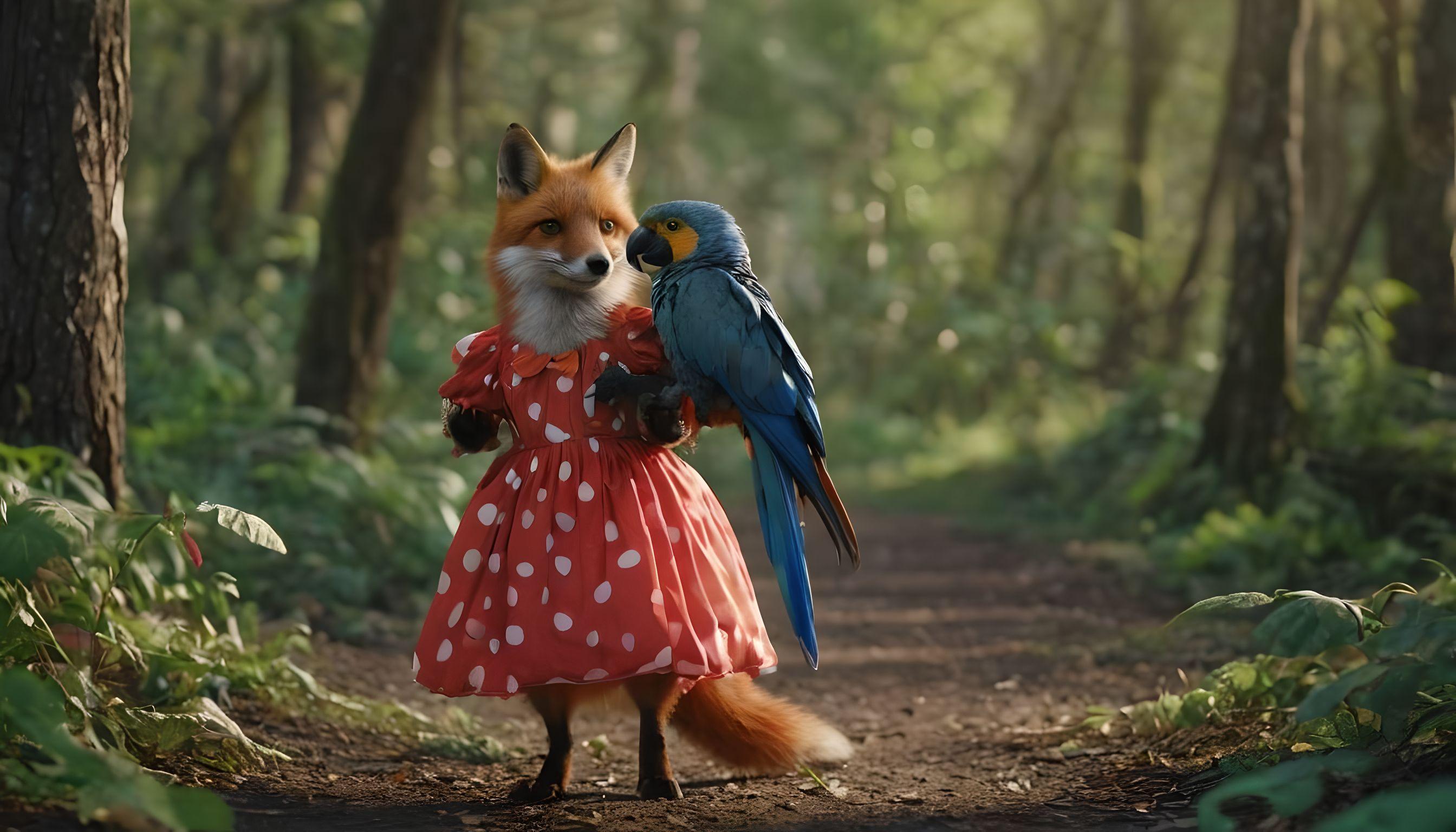 สุนัขจิ้งจอกในชุดลายจุดเต้นรำพร้อมธงนกแก้ว