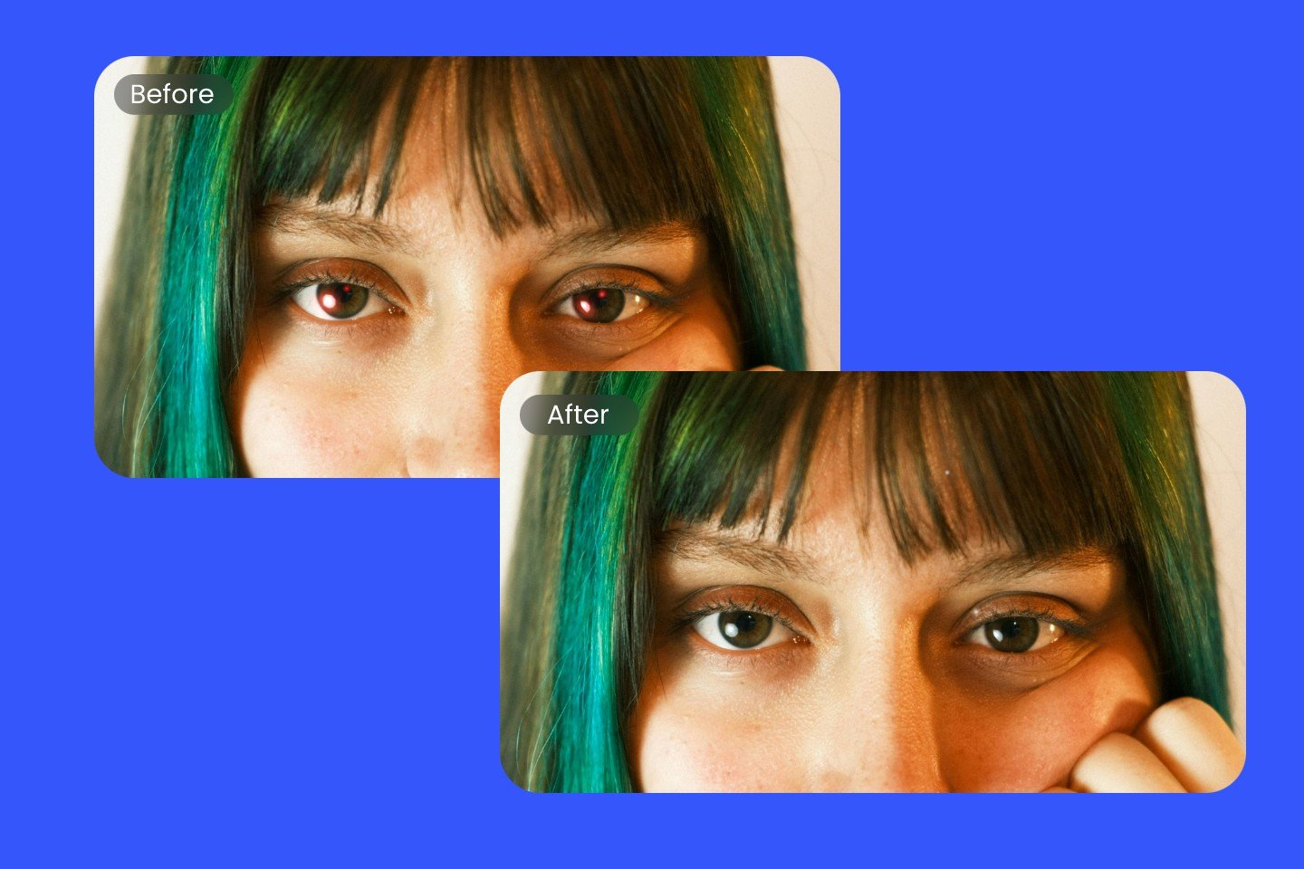 A girl with green hair and the above one has eyes with red light and the below one has no red light