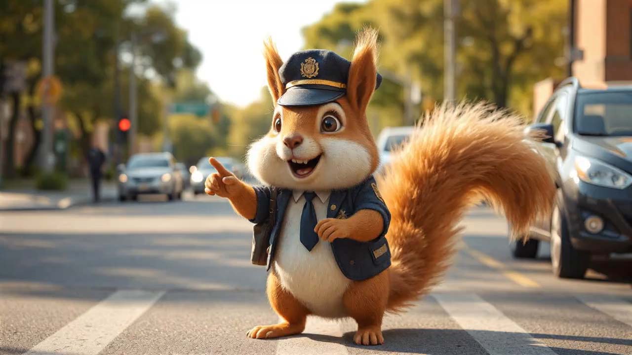 AI generated 3D cartoon video of a cute squirrel wearing police hat and uniform directing traffic on a city street