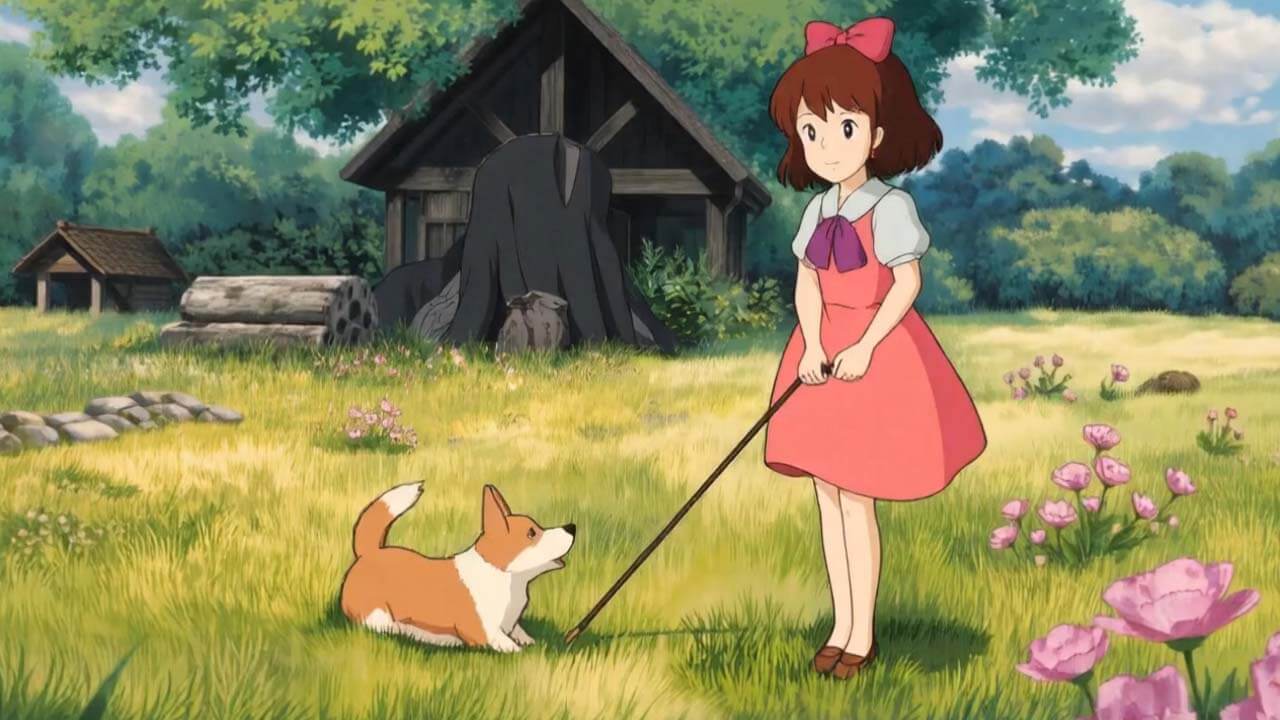 AI generated anime video of a girl in a pink dress playing with a corgi in a green field with a wooden house and trees in the background