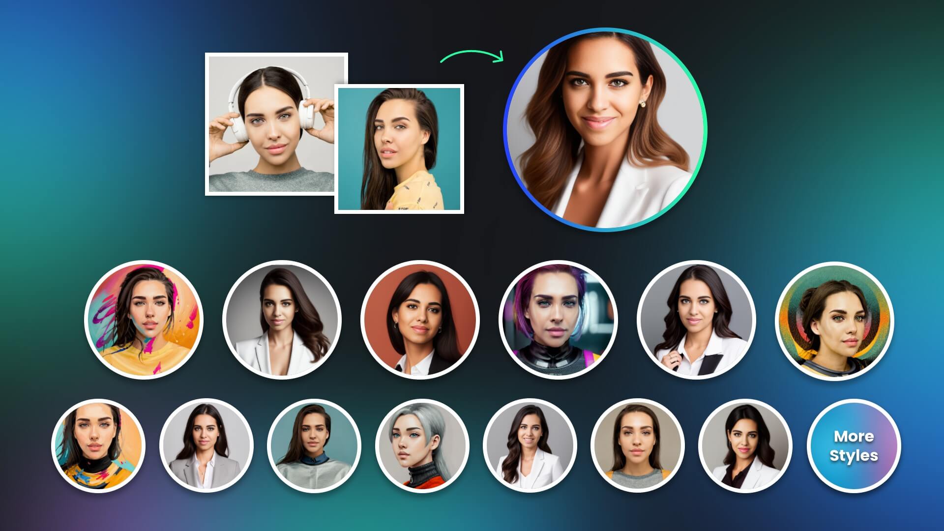 Tipos de avatares generados por IA a partir de una foto de chica por Fotor AI avatar maker
