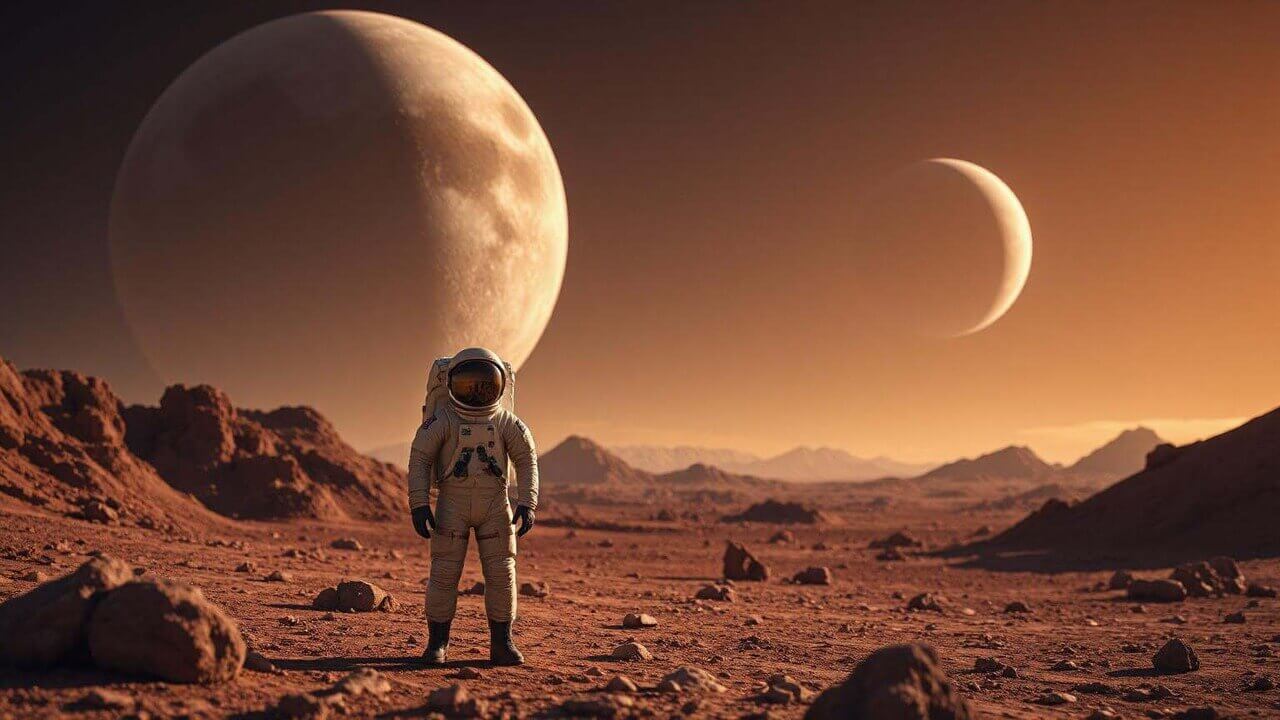 AI generated sci-fi video of an astronaut walking on a red planet