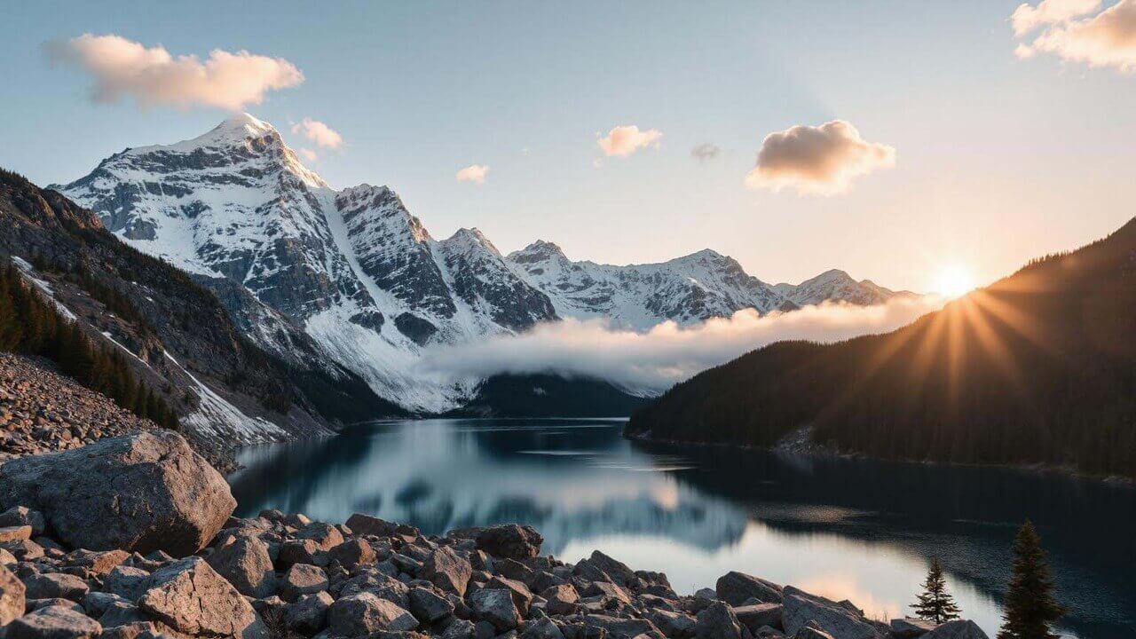 AI generated video of realistic time lapse sunrise over a scenic mountain lake