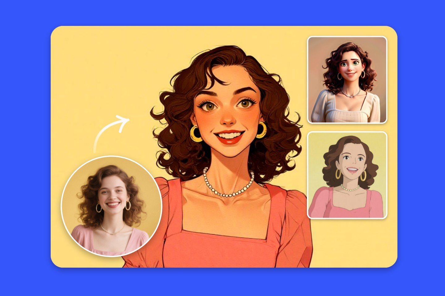 Ein Porträt einer Frau in drei verschiedene Anime-Stile mit Fotor umwandeln