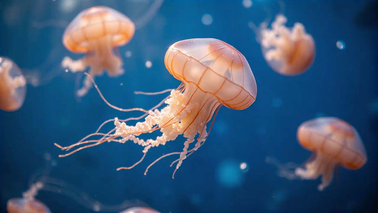 AI video of a group of translucent jellyfish swimming in blue water generated by Fotor AI video creator