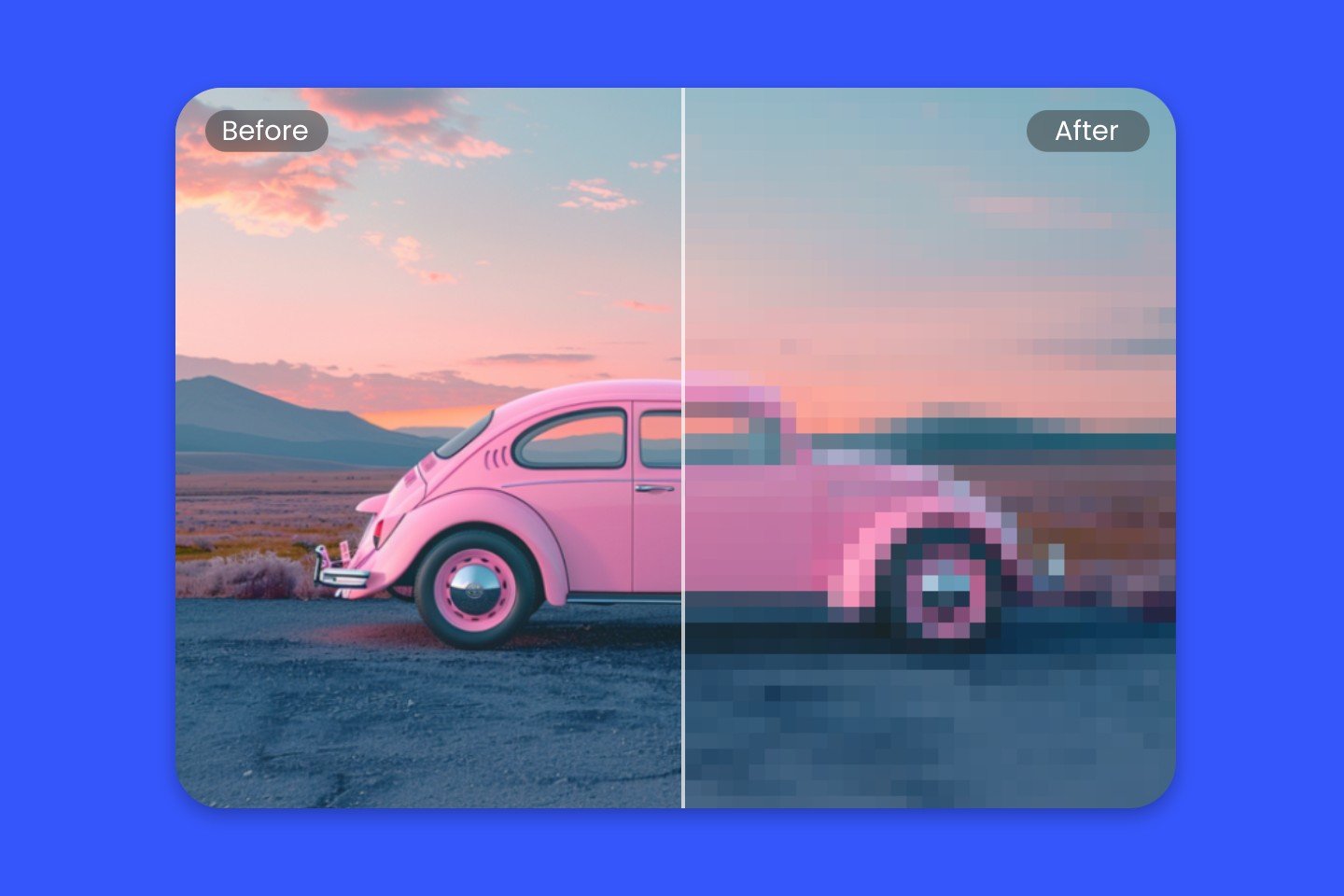 Add mosaic to a picture of a pink car parked on the road