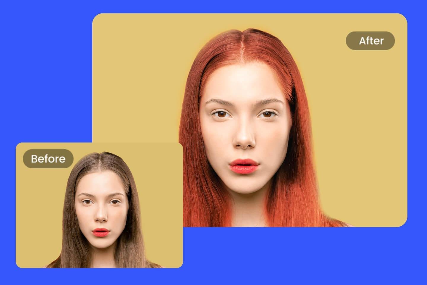 Antes y después de cambiar el color del cabello de la mujer