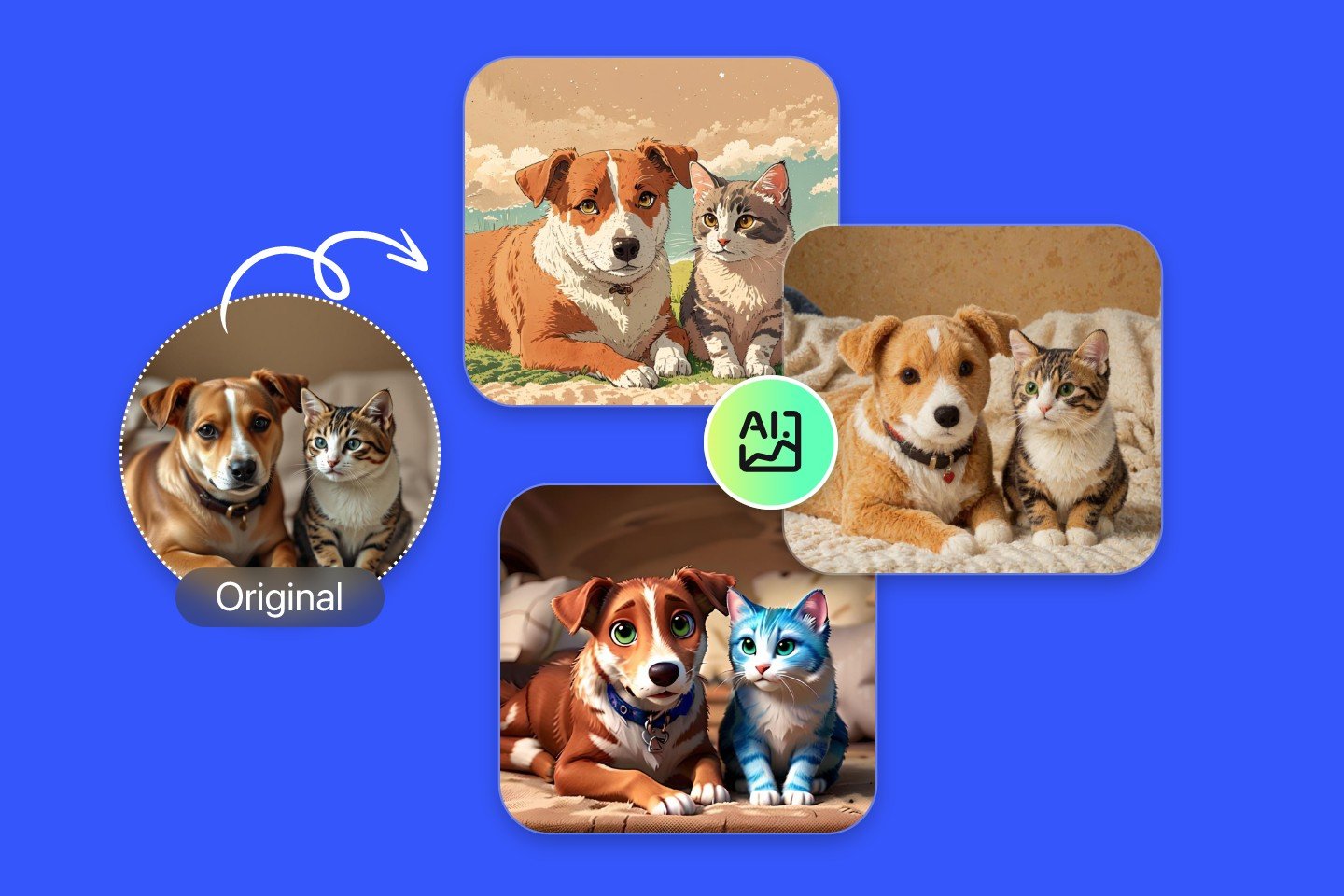 Cartoonize a group photo of a yellow dog and a cat into three different styles with fotors cartoonize pet tool