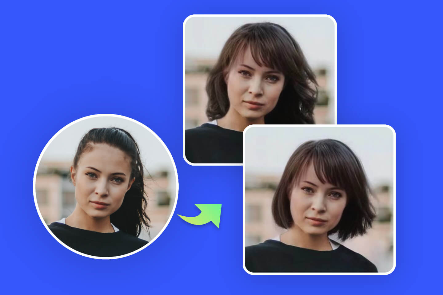 Change a female hairstyle into two different hairstyles with Fotors virtual hairstyle changer