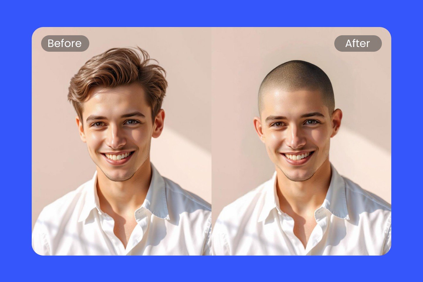 Change the hairstyle of a man wearing a white shirt and smiling to a buzz cut with fotors buzz cut filter