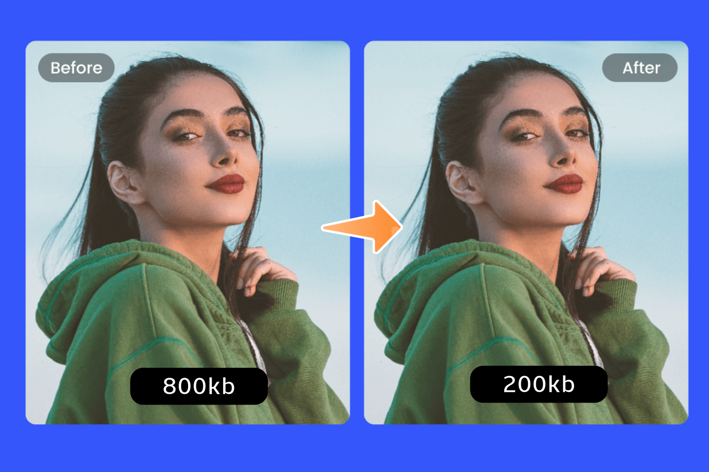 Comprime el tamaño de un retrato de mujer de 800 kb a 200 kb con fotors image compressor