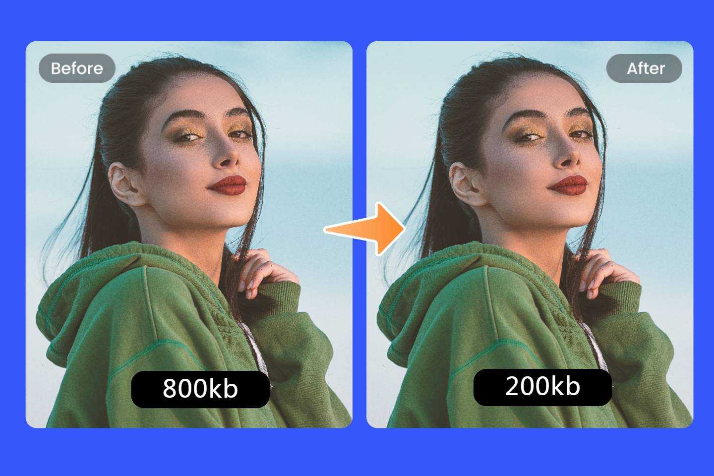 Comprimir um retrato feminino de 800 kb a 200 kb com o compressor de imagem online gratuito da Fotor