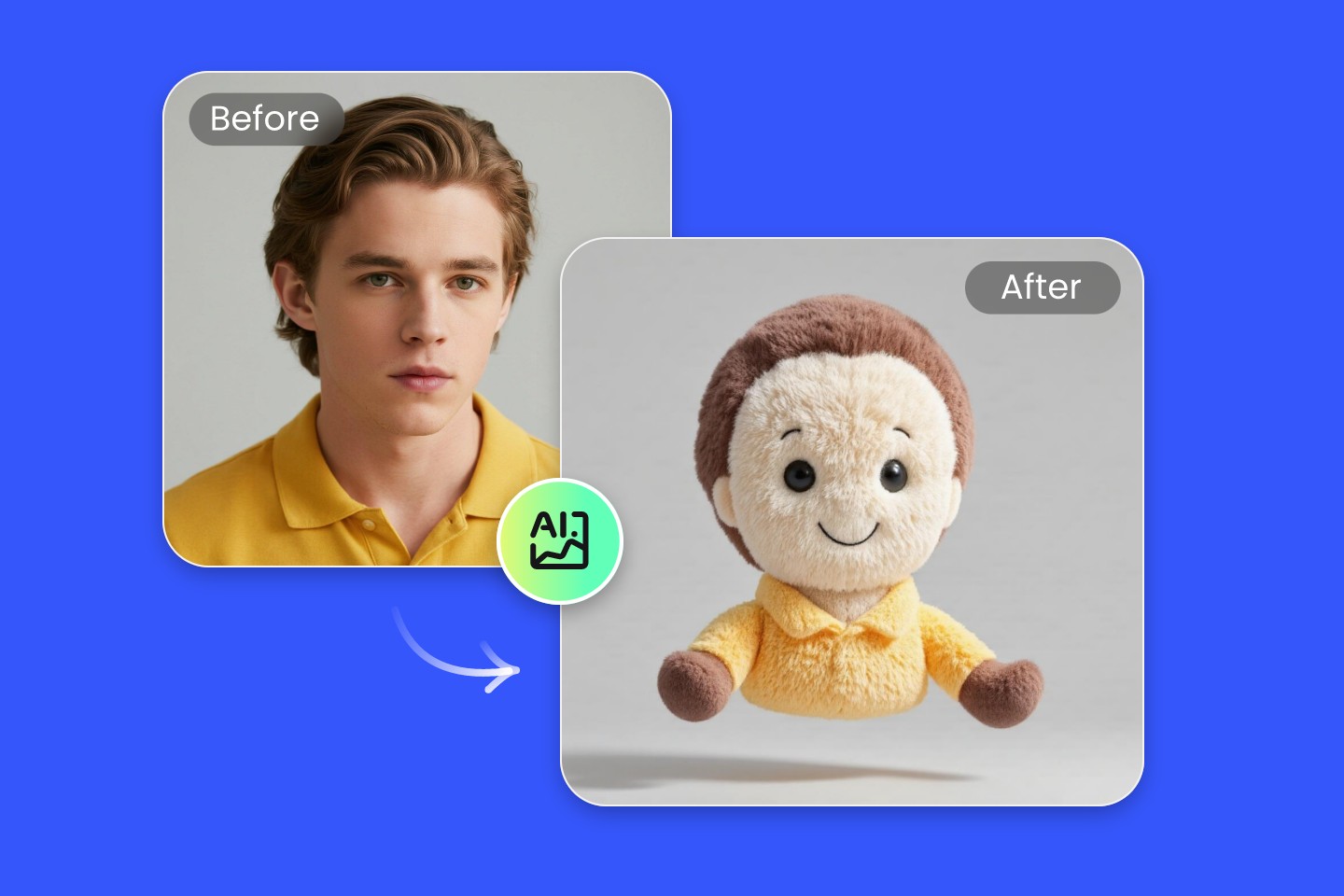 Convert a picture of a man wearing a yellow shirt to a cute 3d fluffy emoji with fotor image to emoji converter