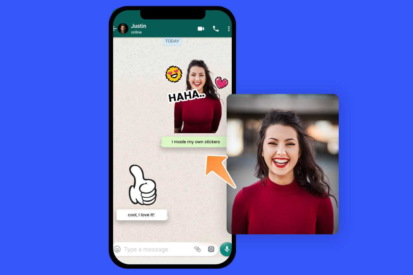 Converta uma foto de uma menina sorridente em uma figurinha de Whats App usando o gerador de figurinhas para Whatsapp da Fotor