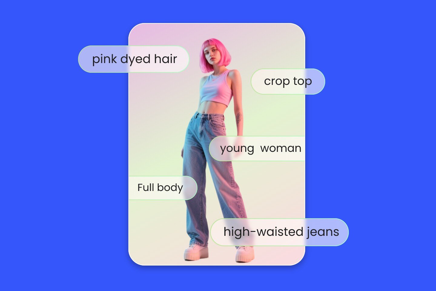 Create an image of a full body ai human with a pink dyed hair girl and crop top from text with fotors ai human generator
