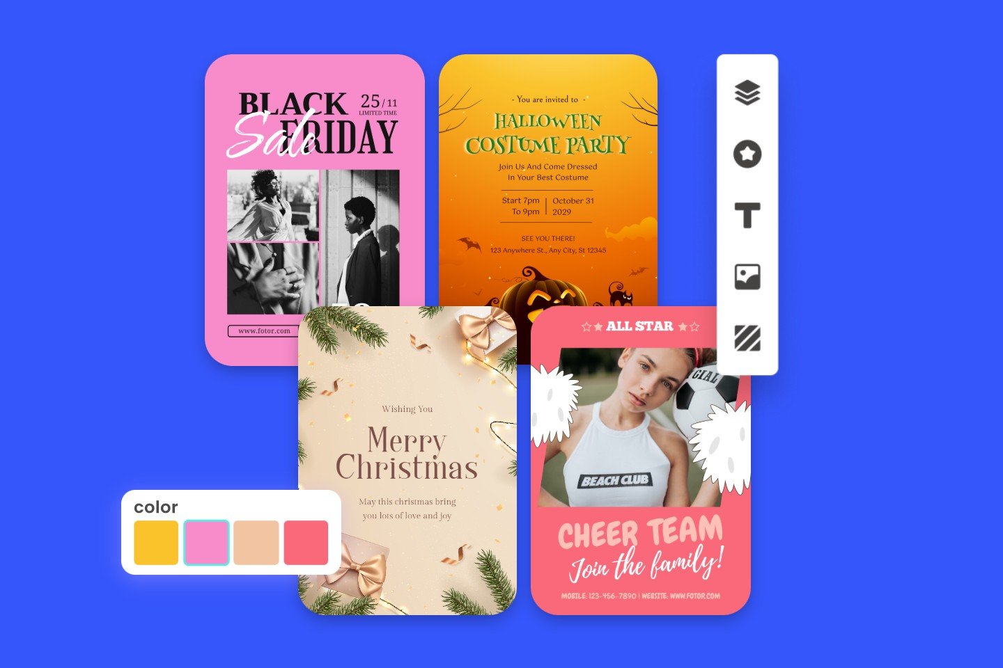 Festival poster maker feature page banner of four editable differently styled festival poster templates