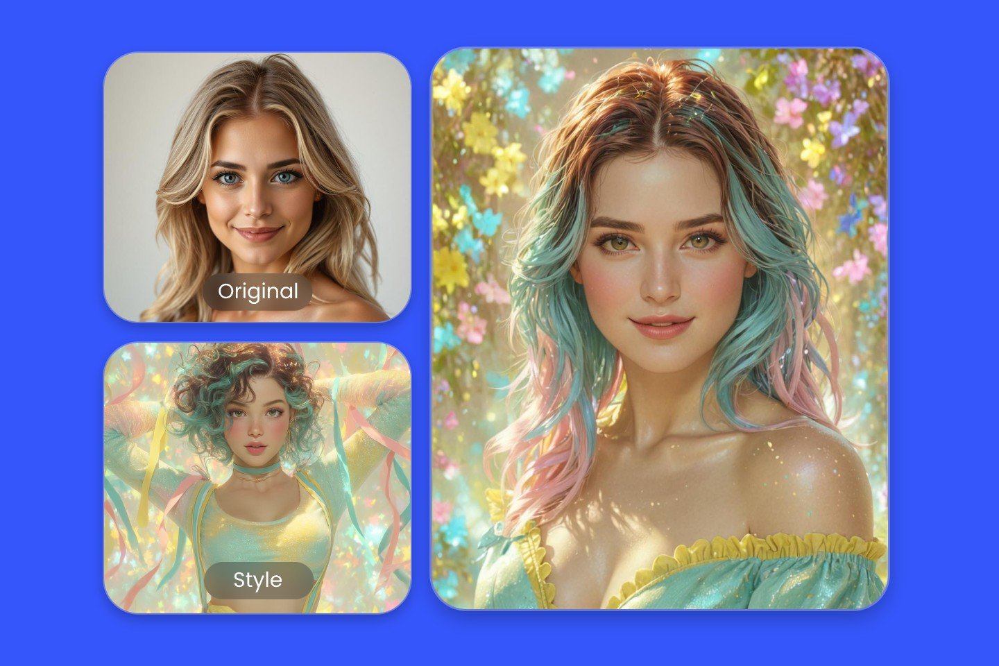 Fotor AI image combiner effect featuring transferring a realistic woman portrait into colorful style