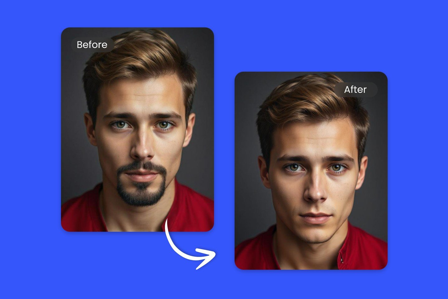 Comparaison avant et après le filtre sans barbe IA en ligne de Fotor appliqué sur un beau garçon