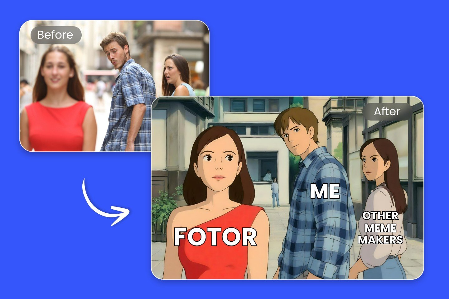 Fotor Studio Ghibli meme AI generator before and after comparison effects