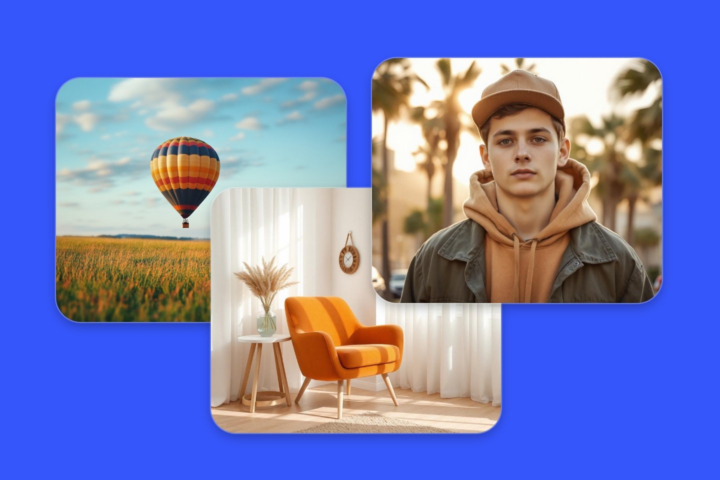 Fotor realistic AI image generator featuring a man a ballon and a sofa