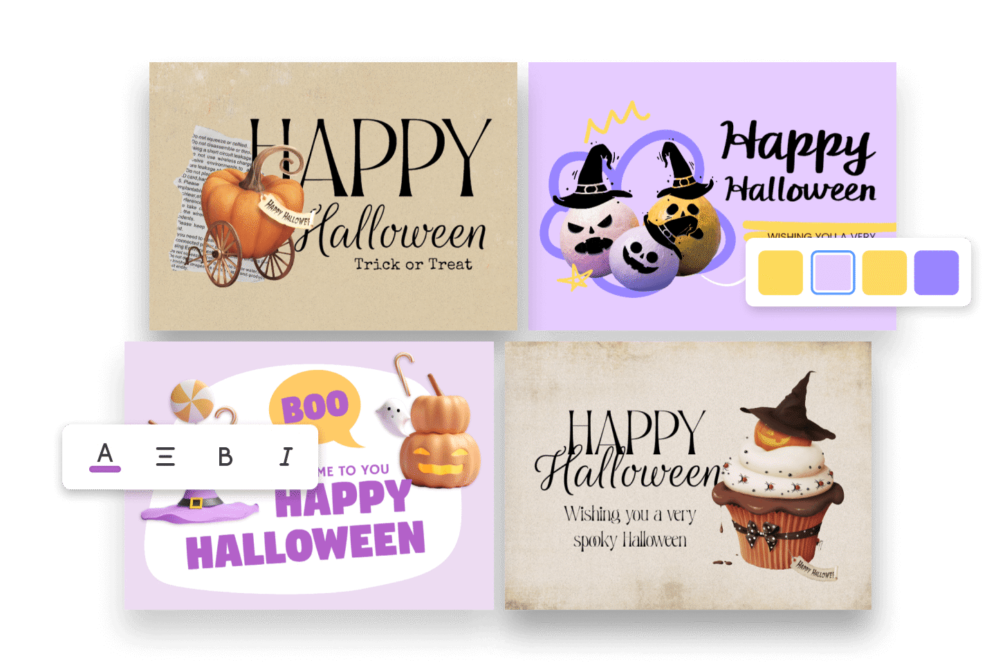 a card with a yellow pupkin and a purple card with three pupkins and a purple and white card with a double pupkin and a dialogue box and a card with an ice-cream with a pupkin on it