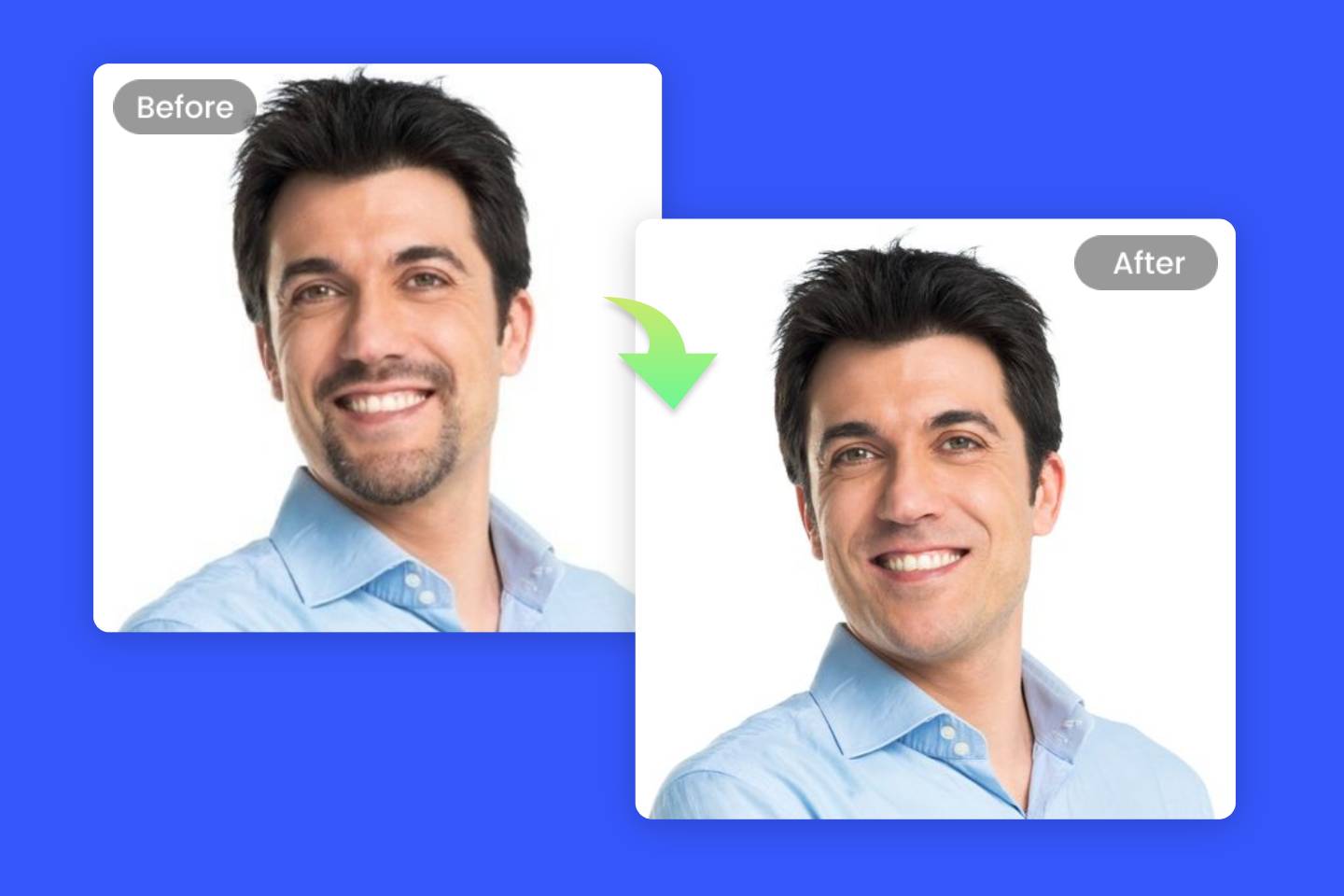 No beard filter banner with before and after contrast photo with a man