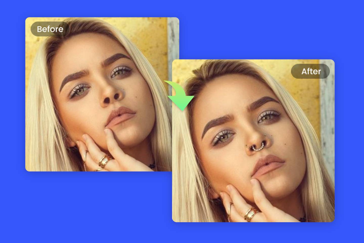 Nose piercing banner with a comparison picture of a woman with and without nose ring