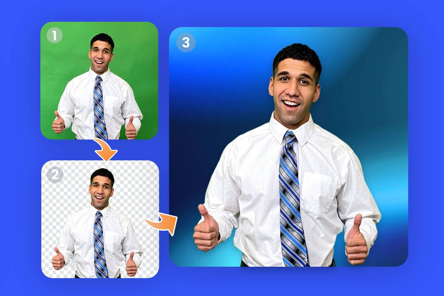 Remove the green screen and add a gradient bule background to a man image in suit and tie
