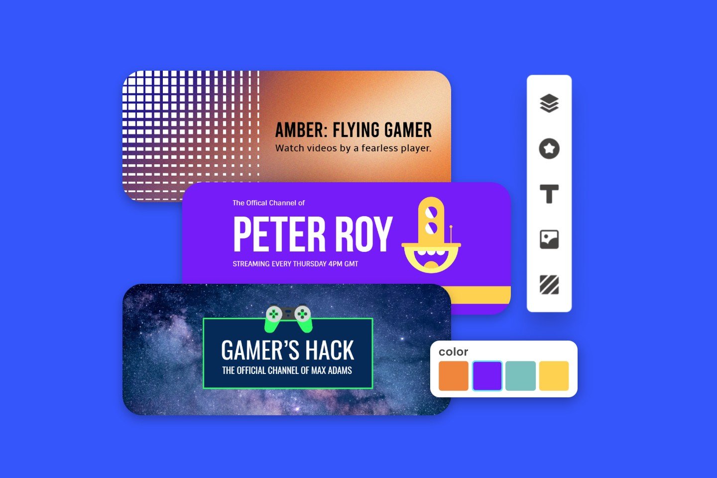 Three Twitch banner templates with blue background and editable columns