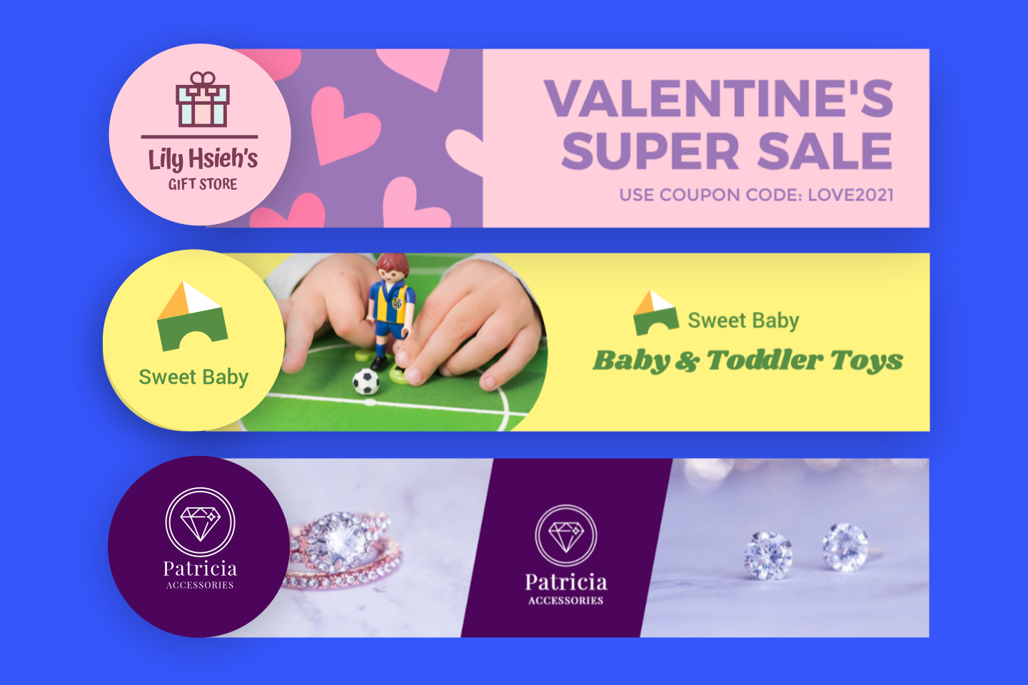 Three shop icons and shop cover in pink yellow and purple with heart shape hands and diamond