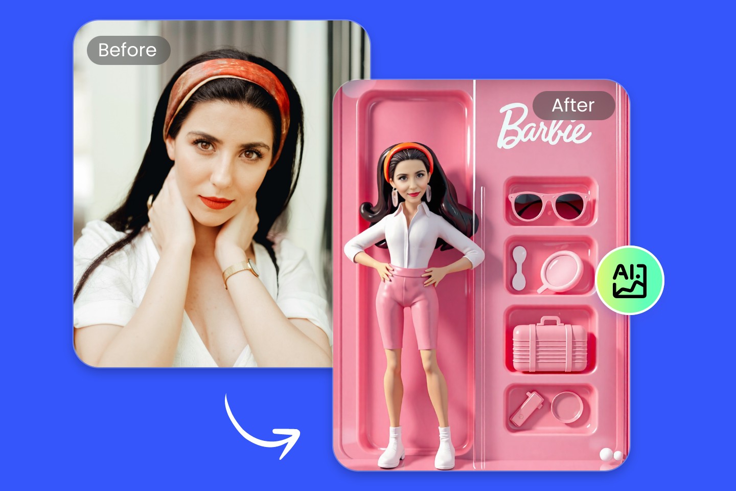 Transform a girl with long black hair and an orange headband into a girl wearing pink yoga clothes in a pink Barbie box with fotor ai barbie box generator