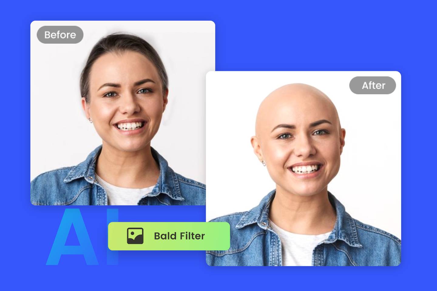 Transform a womans hairstyle into a bald head with Fotors AI bald filter