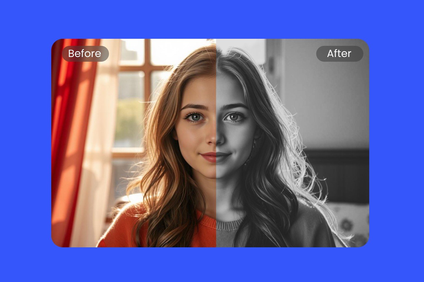 Turn the portrait of a beautiful woman with golden hair and red sweater into a grayscale image with fotor grayscale image converter