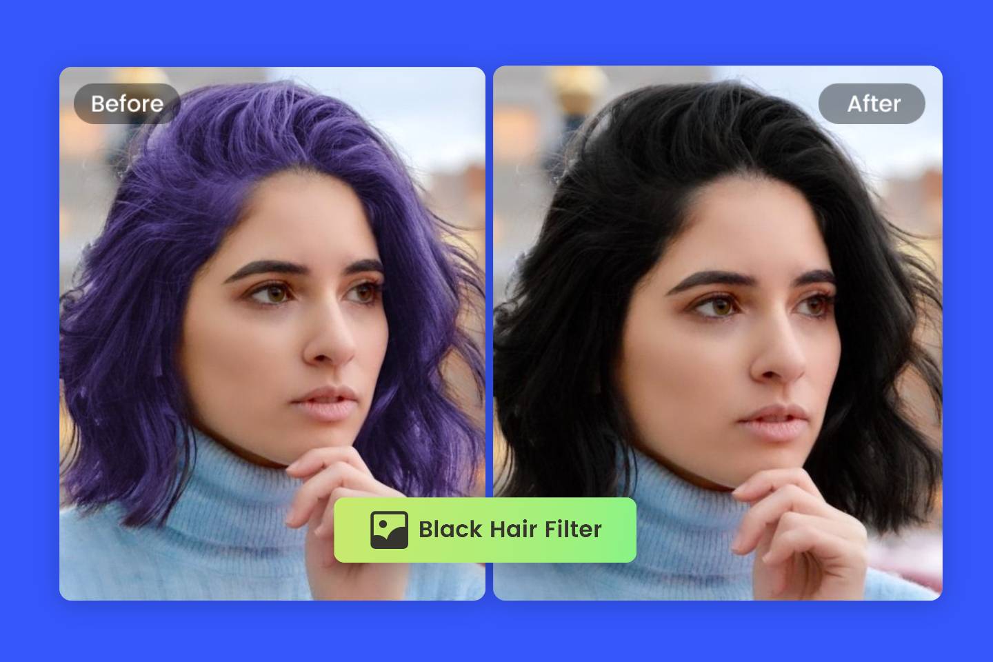 Turn your hair from purple to black with Fotor black hair filter
