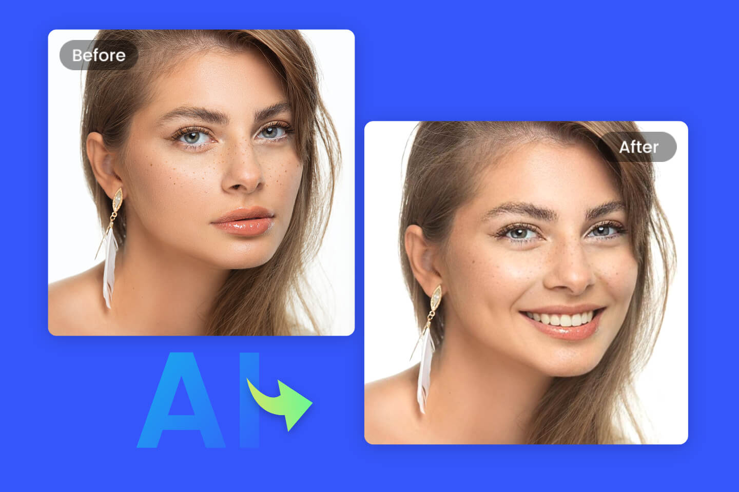 Utilize o filtro de sorriso da IA do Fotor para mudar a expressão de uma mulher de séria para sorridente