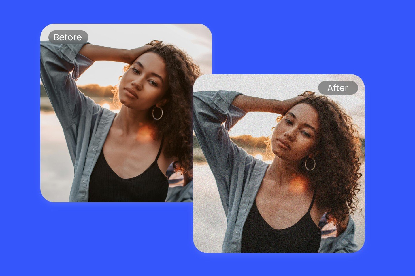 Use Fotor's film grain fillter to add noise to image of a girl at the beach