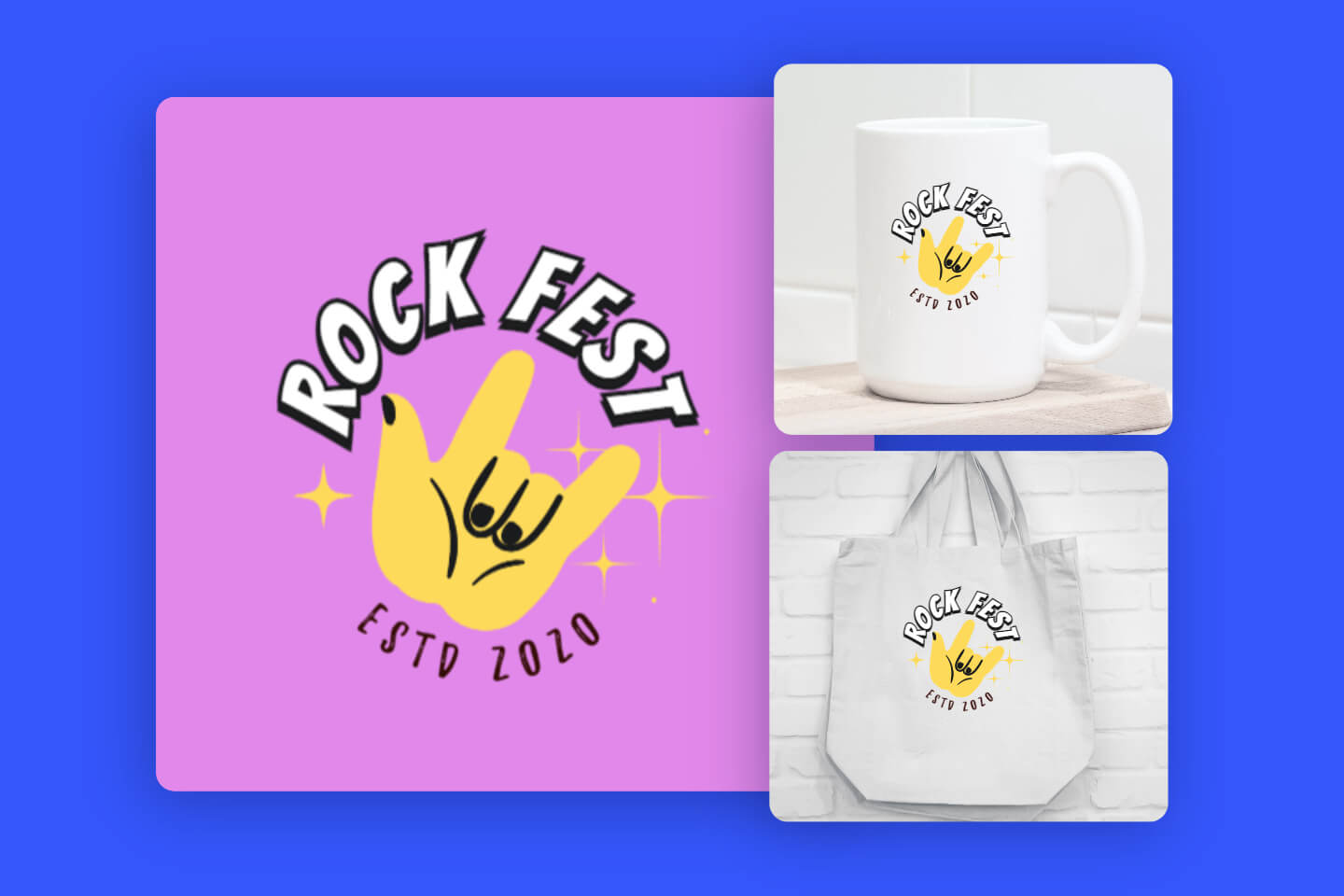 Use Fotors merch maker to design a rock logo and add it to mug and bag designs