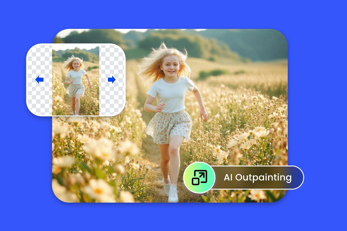 Use fotor ai outpainitng to extend the background of a picture of a little girl in summer clothes with blonde hair running in flowers