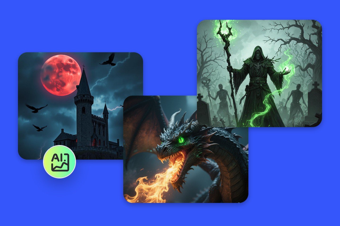 Use fotor dark fantasy ai generator to create dark fantasy castle dragon and wizard
