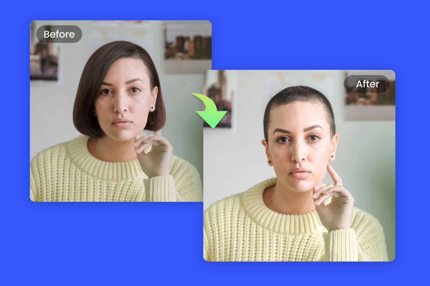 Use fotor online buzz cut filter to transform female bob hairstyle into buzz cut