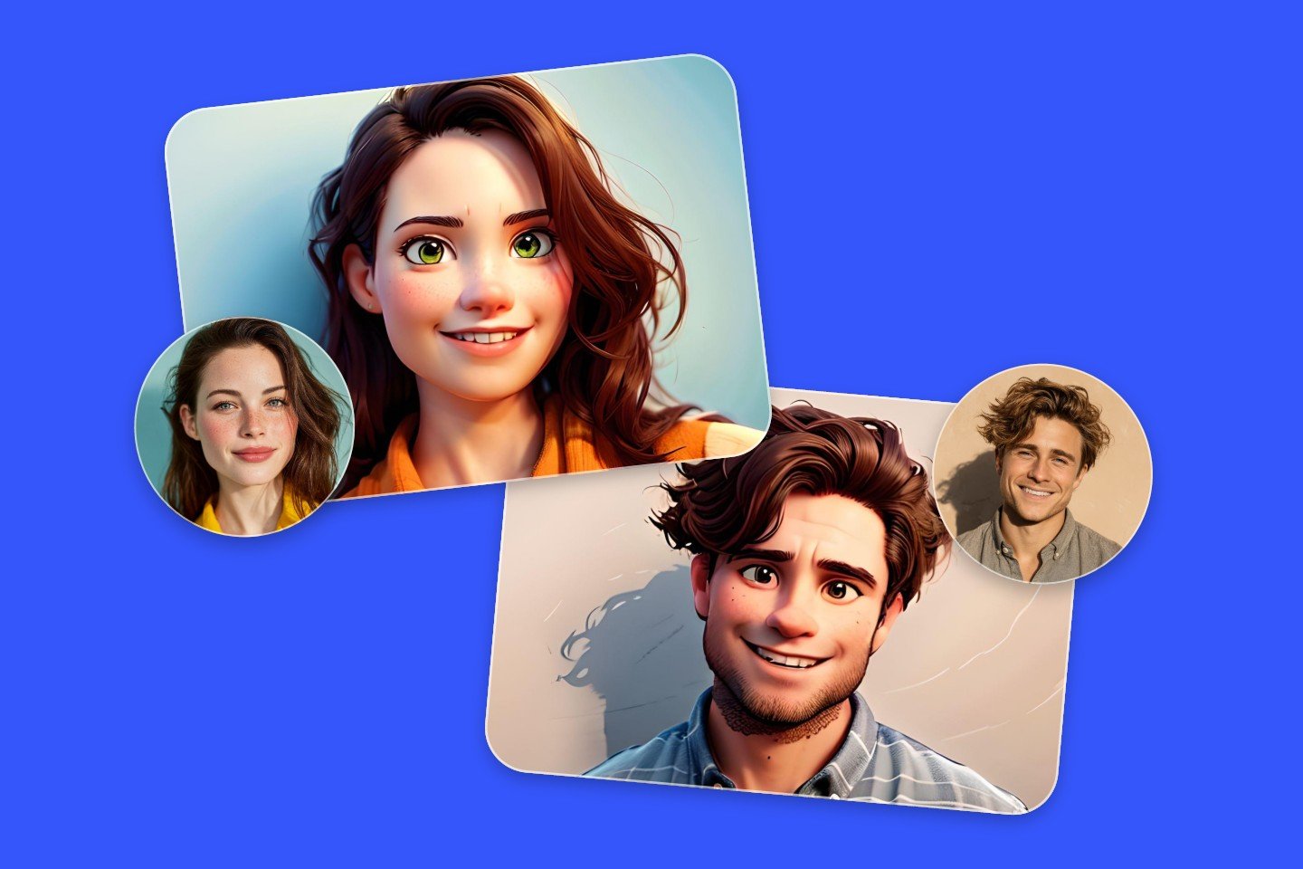 Use fotors pixar filter to turn a long hair woman and a short curly hair man into pixar characters