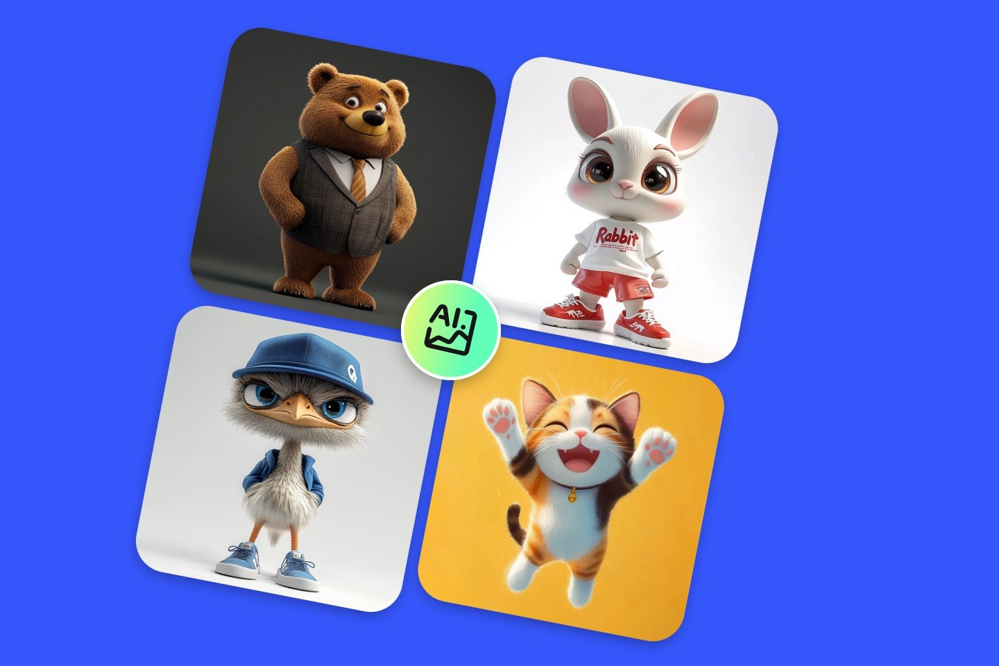 Use the AI mascot generator to create four mascots a bear in a suit a sporty bunny an ostrich in a hat and an adorable jumping up kitten
