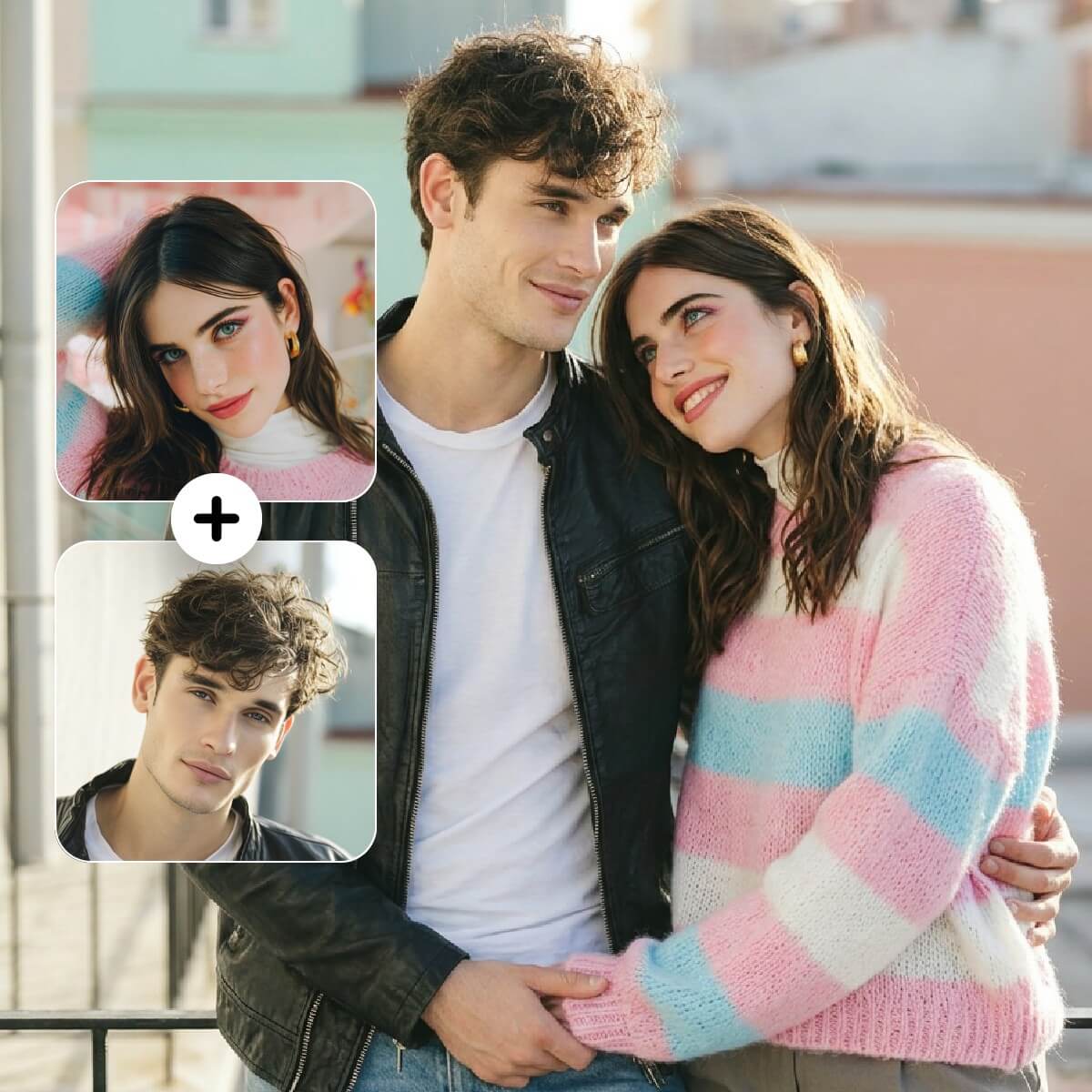A banner image showing merge a man and a womans photos into a couple photo with fotor ai couple photo maker