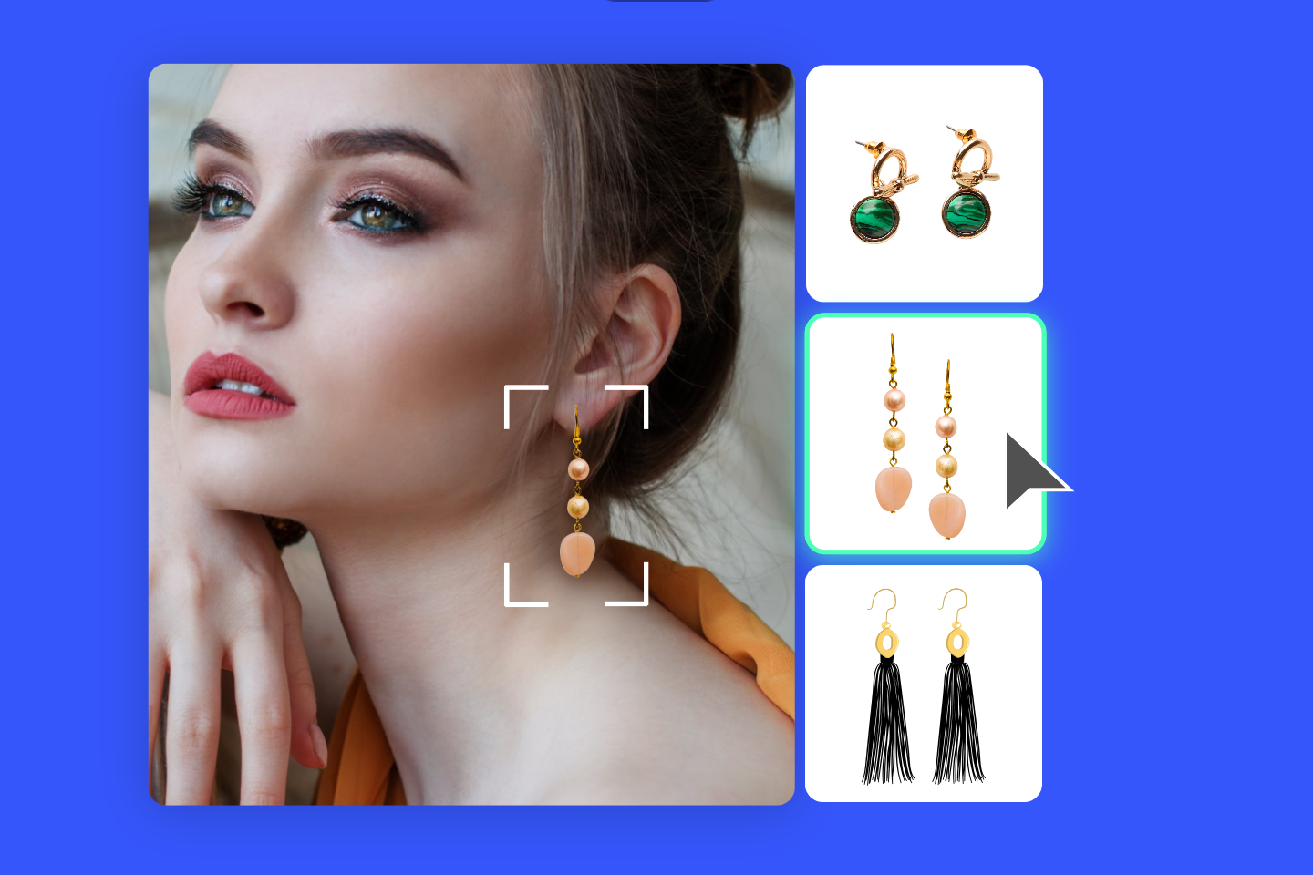 A girl get virtual earring try on in fotor and three pairs of earrings presented