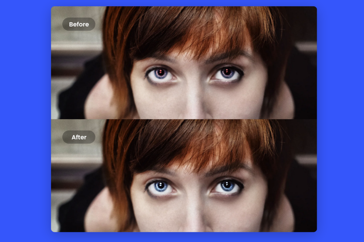 Une fille aux cheveux bruns et courts, celle du dessus a les yeux rouges et celle du dessous n'a pas d'yeux rouges.